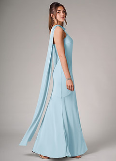 Azazie Kinsley Vestidos de madrinha de casamento Vestir Céu Azul de Cetim elástico de sereia com Fenda Lateral image6