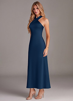 Azazie Doretta Bridesmaid Dresses Dark Navy Mermaid Pleated Stretch Satin Dress image4