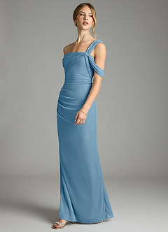 Azazie Tati Final Sale Steel Blue Sheath Off the Shoulder Mesh Dress image4
