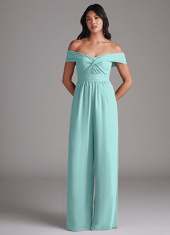 Azazie Lamara Robes de demoiselle d'honneur Combinaison Convertible en Mousseline de soie Épaule décolletée Aqua image3
