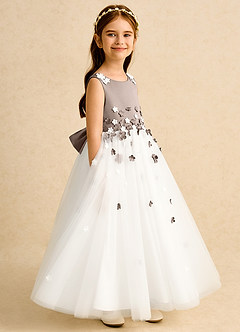 Azazie Eleni vestidos de niña de las flores Vestido de Marfil Taupe de Tul de Princesa con Lazo image3