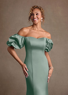 Azazie Redding Mother of the Bride Dresses Silver Sage Sheath Ruched Stretch Satin Dress image4