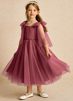 Azazie Dori Blumenmädchenkleider A-Linie Gestreift Tüll Kleid Merlot image5