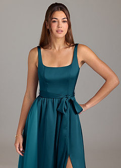 Azazie Elliott Bridesmaid Dresses Ink Blue A-Line with Pockets Stretch Satin Dress image2