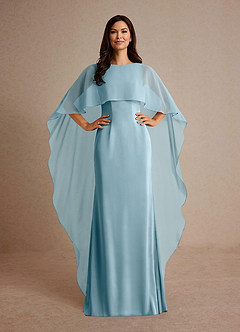 Azazie Milfred Mother of the Bride Dresses Moody Blue Sheath Boatneck Stretch Satin Dress image2