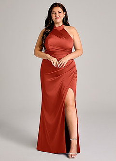 Azazie Jemma Bridesmaid Dresses Rust Sheath Pleated Stretch Satin Dress image7