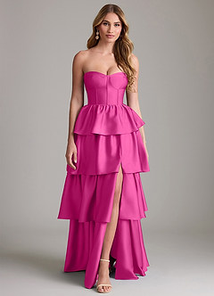 Azazie Faye Bridesmaid Dresses Fuchsia A-Line Ruched Stretch Satin Dress image1