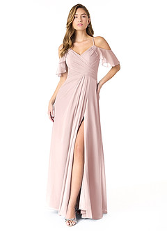 Azazie Dakota Vestidos de damas de honor Vestido de Rosa Rubor de Gasa de Corte en A con Cuello en V plisado image1
