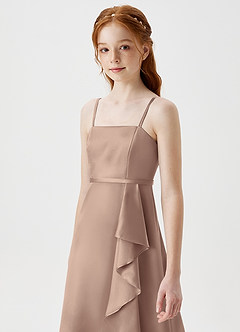 Azazie Kaylee Junior Taupe A-Line with Belt Metallic Satin Dress image6