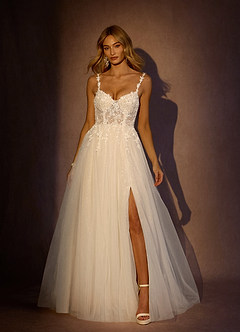 Azazie Florian Wedding Dresses Diamond White Champagne A-Line V-Neck Sequins Tulle Dress image4