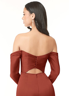 Azazie Hallie Bridesmaid Dresses Terracotta Sheath Off-The-Shoulder Long Sleeve Stretch Satin Convertible Dress image7