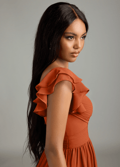 Azazie Anaya Bridesmaid Dresses Burnt Orange A-Line Pleated Chiffon Dress image7