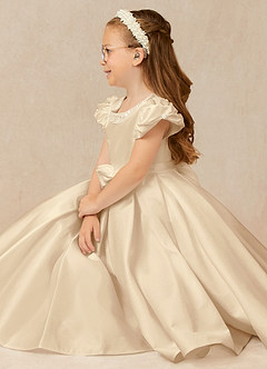 Azazie Jewel Flower Girl Dresses Champagne Ball-Gown Pleated Matte Satin Dress image3