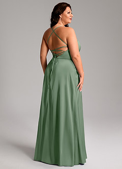 Azazie Mei Vestidos de damas de honor Vestido de Matcha de Satén Elástico de Corte en A con Cuello en V image11