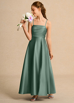 Azazie Pebbles Junior Formal vestidos de niña de las flores Vestido de Eucalipto de Satin Mate de Corte En A con Plisado image5