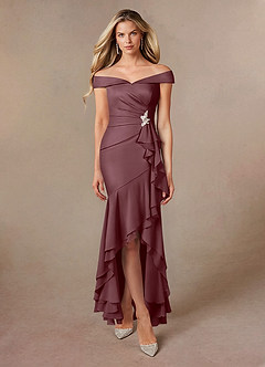 Azazie Billings Moeder van de bruid jurken Zeemeermin Jurk van Stretch Satijn Off the Shoulder Sangria image5