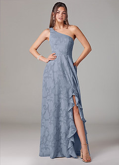 Azazie Ellianna Robes de demoiselle d'honneur Robe Trapèze en Blumen-Burnout Ue épaule Bleu Poussiéreux image1
