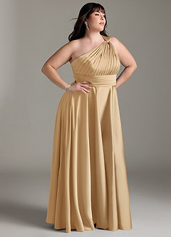 Azazie Charlize Bridesmaid Dresses Gold A-Line One Shoulder Stretch Satin Dress image4