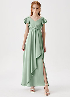 Azazie Omari Junior Robe Trapèze en Satin extensible Plissée Agave image4