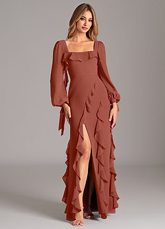 Azazie Candice Brautjungfernkleider A-Linie Langarm Chiffon Kleid Rotbraun image5