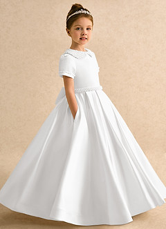 Azazie Gabriella Flower Girl Dresses White Ball-Gown with Sleeves Matte Satin Dress image3