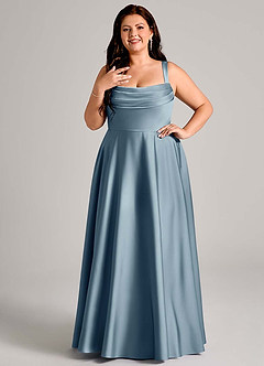 Azazie Shaude Bridesmaid Dresses Dusty Blue A-Line Pleated Stretch Satin Dress image8