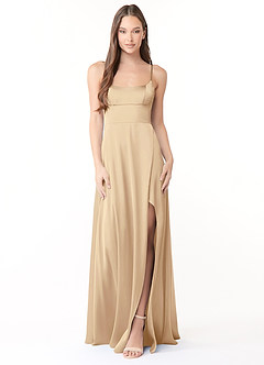 Azazie Halsey Brautjungfernkleider Etui Seitliche Cut-Outs Stretch-Satin Kleid Champagner image1