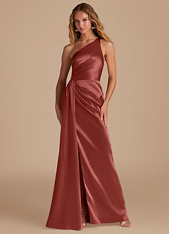 Azazie Mika Bridesmaid Dresses Terracotta Sheath One Shoulder Metallic Satin Dress image1