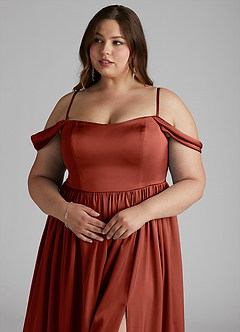 Azazie Morana Jurken voor bruidsmeisjes Converteerbaar Jurk van Stretch Satijn met A-Lijn Off the Shoulder Terracotta image15
