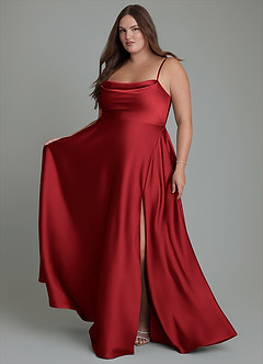 Azazie Elle Bridesmaid Dresses Scarlet A-Line Pleated Stretch Satin Dress image8
