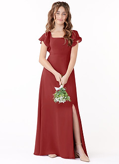 Azazie Bondi Junior Rust A-Line Bow Chiffon Dress image1