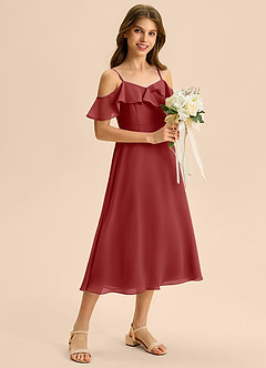 Azazie Kamilla Junior Abito A-Line in Chiffon a Spalla Scoperta Ruggine image5