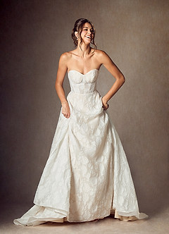 Azazie Meadow Vestidos de novia Vestido de Blanco Diamante Champán de Jacquard Desgastado Floral de Corte Princesa con Sin tirantes image5