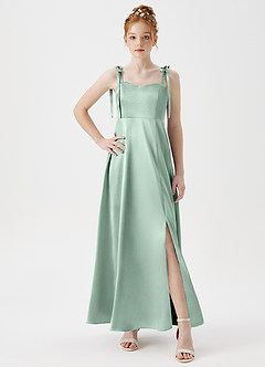 Azazie Rosey Junior A-Linie Herzausschnitt Metallischer Satin Kleid Agave image5