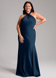 Azazie Lorena Bridesmaid Dresses Dark Navy Mermaid Pleated Stretch Satin Dress image7