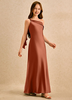 Azazie Almond Girls Formal Robe Demoiselle D'honneur Fillette Robe Fourreau en Satin extensible Une épaule Rose De Cèdre image5