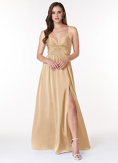 Azazie Raya Bridesmaid Dresses Champagne A-Line V-Neck Pleated Stretch Satin Dress image1