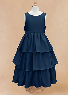 Azazie Margie Flower Girl Dresses Dark Navy A-Line Bow Stretch Satin Dress image4