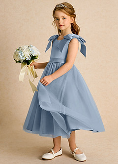 Azazie Serene Flower Girl Dresses Dusty Blue Ball-Gown Bow Matte Satin Dress image2