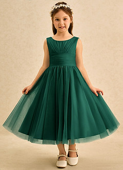 Azazie Macaron Abiti da Ragazza di Fiori Abito A-Line in Tulle Plissettato Smeraldo image3