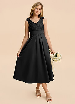 Azazie Polly Junior Vestido de Negro de Satén Elástico de Corte en A con Plisado image6