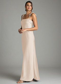 Azazie Ellia 신부 들러리 드레스 쉬스 절하다 스트레치 새틴 바닥 길이 드레스 image4