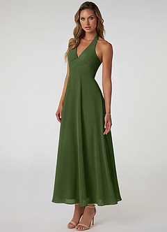 Azazie Tessie Jurken voor bruidsmeisjes Jurk van Chiffon met A-Lijn Geplooid Olijf image3