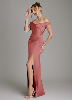 Azazie Teyana Bridesmaid Dresses Antique Rose Sheath Off the Shoulder Stretch Satin Dress image5