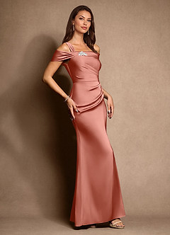 Azazie Altonia Kleider für die Brautmutter Meerjungfrau-Linie Schulterfrei Stretch-Satin Kleid Lachsrosa image2