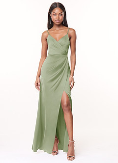Azazie Maci Bridesmaid Dresses Dusty Sage A-Line V-Neck Pleated Stretch Satin Dress image1