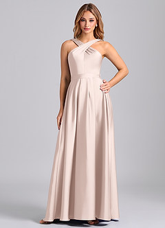 Azazie Dixie 신부 들러리 드레스 A라인 주름진 스트레치 새틴 바닥 길이 드레스 image1