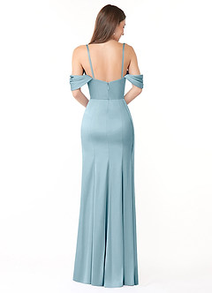 Azazie Amyra Bridesmaid Dresses Moody Blue Sheath Off the Shoulder Stretch Satin Convertible Dress image5