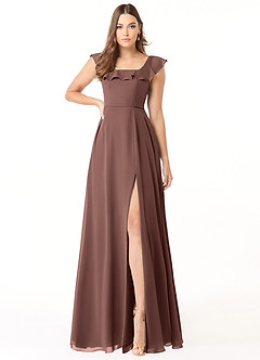 Azazie Jinny Abiti da Damigella Abito A-Line in Chiffon con Scollo Quadrato e Increspature Espresso image1