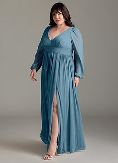 Azazie Norah Bridesmaid Dresses Bermuda A-Line V-Neck Long Sleeve Chiffon Dress image11